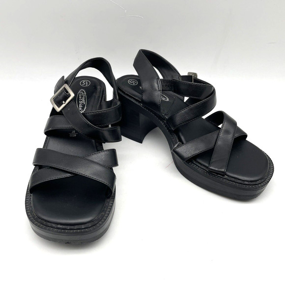 Vintage 90s Y2K Lower East Side Black Faux Leather Strappy Block Heel Sandal 5.5 - Picture 1 of 16